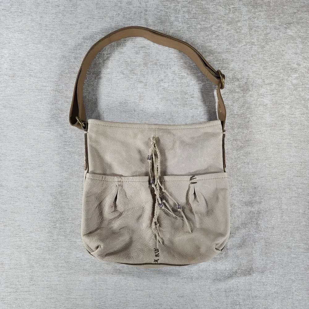 Lucky Brand Tan Leather Western Boho Chic Saddle Bag Purse Tassel Beaded